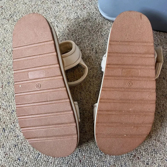 Women’s Sz 10 Walking Sandals Ivory Brown Ankle Straps Chunky Comfortable Shein - Picture 2 of 6